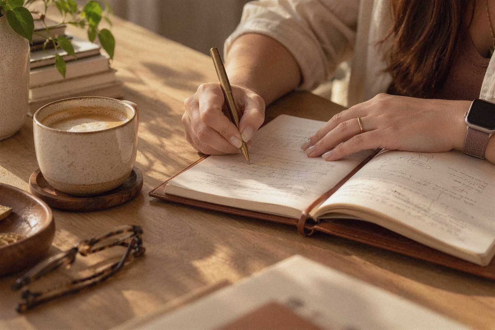 Mãos escrevendo num caderno aberto sobre uma mesa de madeira, ao lado de uma xícara de café e de um par de óculos, na luz da manhã